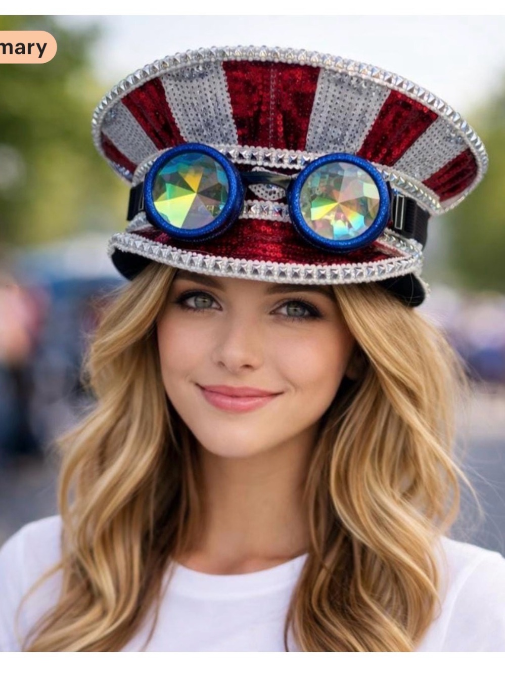 Sequin Patriotic Steampunk Cap with Iridescent Goggles - Red & Silver